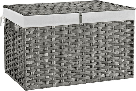 180L Wicker Storage Basket with Lid, Handwoven Rattan Large Shelf Basket with Removable Liner, 47.6 Gallon Wicker Basket for Blanket, Storage Trunk with Handle for Closet, Bedroom, Livingroom, Grey
