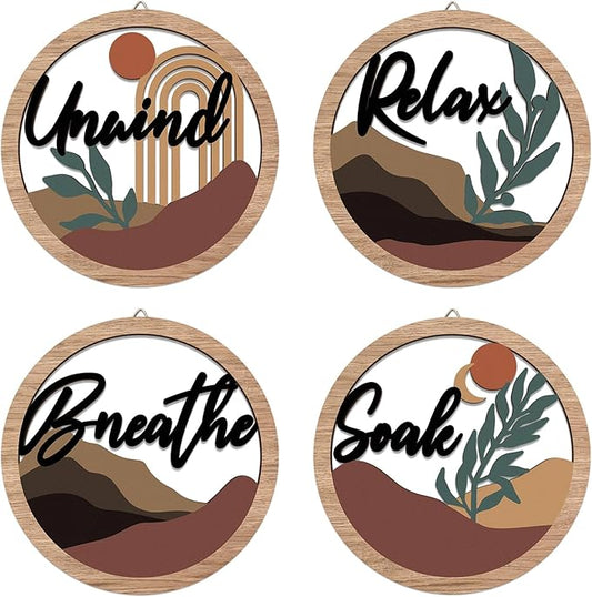 HPNIUB 4 Pcs Boho Bathroom Wall Decor with Relax Soak Unwind Breathe Relaxing Quotes Bohemian Wooden Hanging Wood Sign, Farmhouse Abstract Leaf Wall Art Decoration for Bedroom Living Room Office(10''x10'')