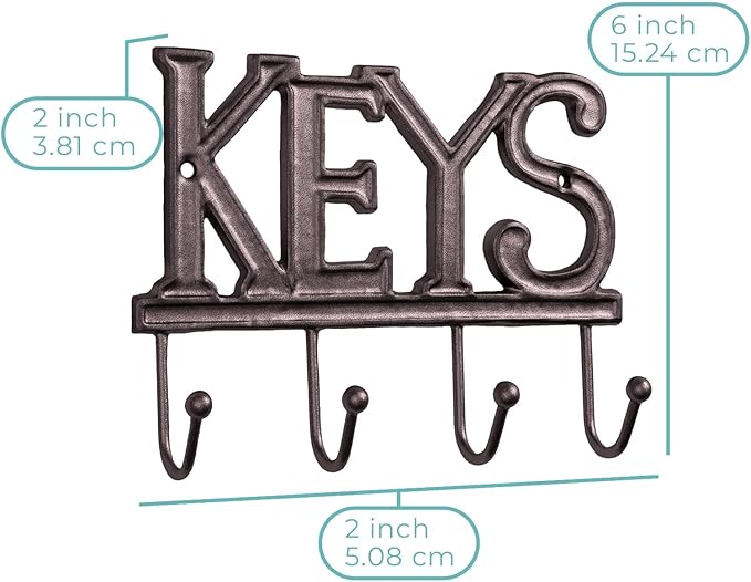 Comfify Key Holder for Wall - Cast Iron Decorative Farmhouse Rustic Wall Mount Key Organizer - 4 Key Hooks - Vintage Key Rack for Entryway with Screws and Anchors – 6x8” - Rust Brown