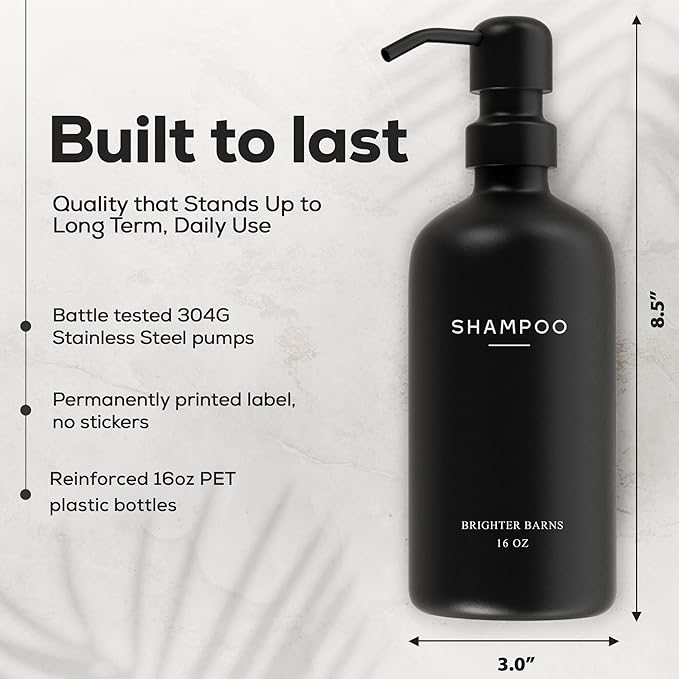 Black Shampoo and Conditioner Dispenser Set by Brighter Barns - Refillable Plastic Shower Soap Dispensers for Bathroom - Body Wash & Shampoo Bottles - Modern Bathroom Decor for Hotel, Airbnb (Black)