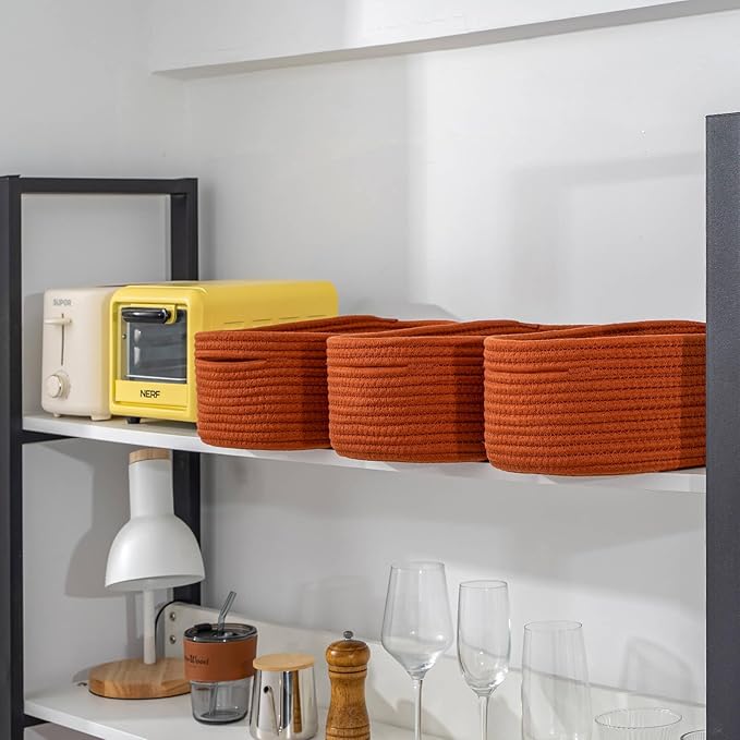CubesLand Small Baskets, Storage Baskets for Organizing Shelves, 3 Packs Rectangular Woven Storage Baskets Natural Cotton Rope Storage Bins Closet Baby Nursery Baskets Empty Gifts Baskets Brick Red