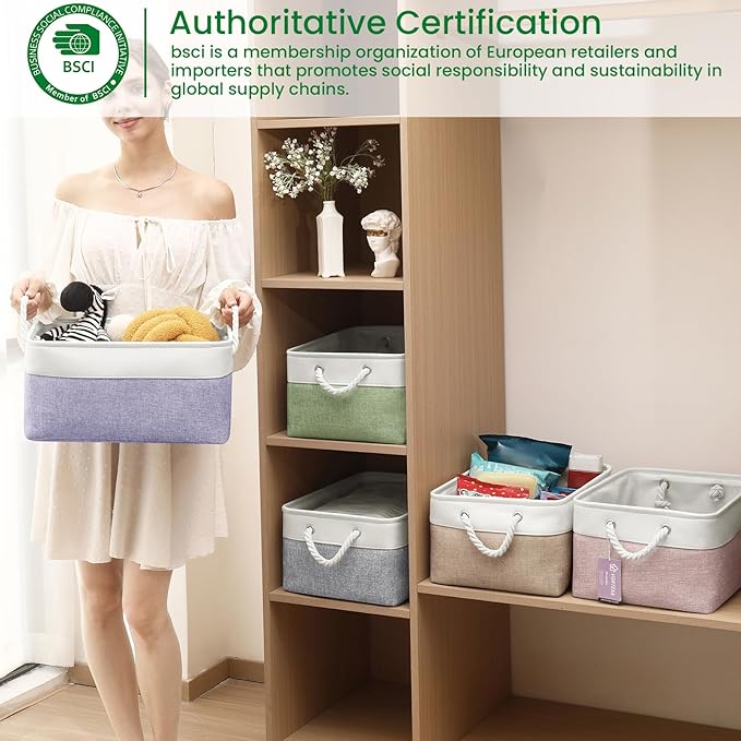 Storage Baskets, Fabric Storage Bins, Versatile Storage Baskets for Shelves with Handles, Large Closet Organizers for Shelves, Clothing, Toys, Books (3-Pack 15.7x11.8x8.2 inch, White&Purple)