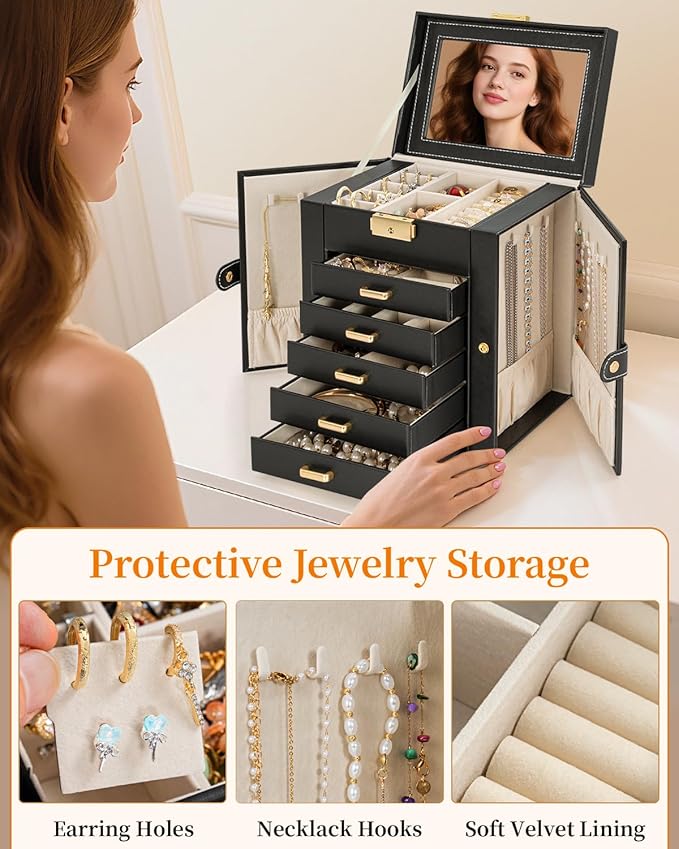TORIBIO Large Jewelry Box for Women, Leather Jewelry Organizer with Mirror & Lock, 6-Tier Jewelry Storage Case for Girls/Women/Mothers, Necklace Earring Bracelets Holder Organizer