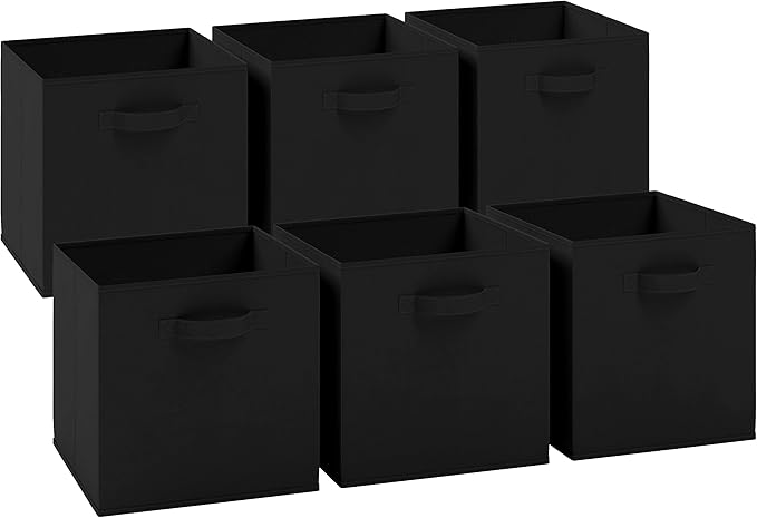 NEATERIZE Fabric Storage Cubes - 6 Pack Heavy Duty Solid Black Bins - 13 Inch Cube Organizer, Use As A Clothes Storage Box In Closet, Baskets For Shelves or Cubbies