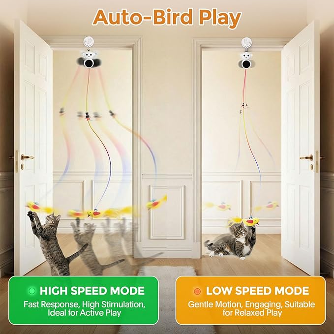 Interactive Cat Toys for Indoor Cats - 2 in 1 Automatic Laser Pointer Cat Toy with Feather Flying Bird，Smart Moving Mouse Wand Toy, Auto On/Off Hanging Toys for Bored Kitten & Adult Cats(Grey)