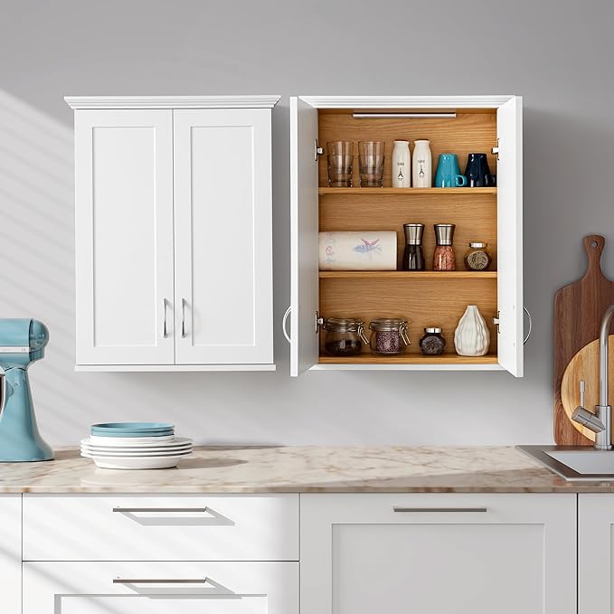 Medicine Cabinet -Bathroom Cabinet Wall Mount with DIY Lighting Unique Top and Dual-Tone Design, Over The Toilet Saver Storage Cabinets