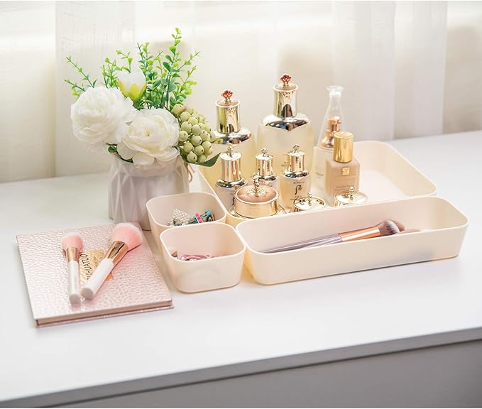 Backerysupply Set Of 12 Beige Color Plastic Desk Drawer Organizers For Makeup Bathroom Office Kitchen Vanity Drawer Storage Box Container