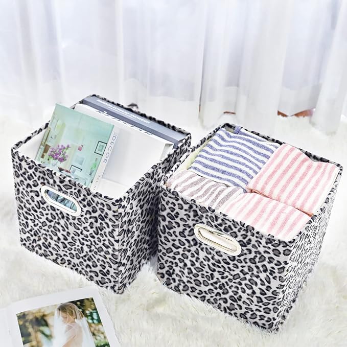 ANMINY 6PCS Storage Cubes Leopard Cheetah Print Velvet Fabric Storage Bins for Shelves, Collapsible Washable Closet Storage Baskets Boxes with Handles for Organizing and Storage -Gray, 11"x 11"x 11"