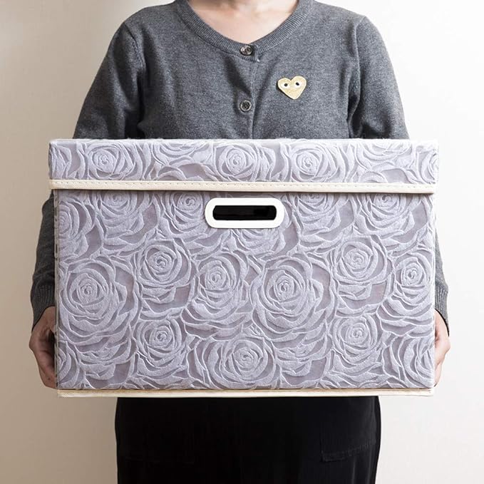 PRANDOM Large Storage Boxes with Lids [5-Pack] Fabric Decorative Storage Bins Cubes Organizer Containers Baskets with Handles for Closet Grey 17.5x11.8x11.8 In For 6+ Year Old Boys and Girls