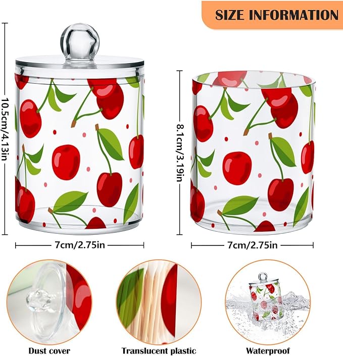 2 Pack Qtip Holder Dispenser for Cotton Ball Cherry Fruits Cotton Swab Round Pads Clear Plastic Acrylic Jar Set Bathroom Canister