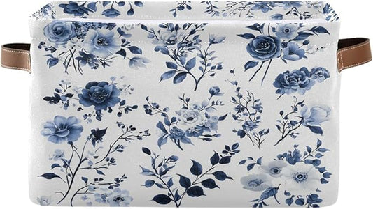 Large Storage Basket Blue and White Porcelain Storage Bin Cube Canvas Fabric Organizer Handles Collapsible for Clothes Toys Bedroom Decorative