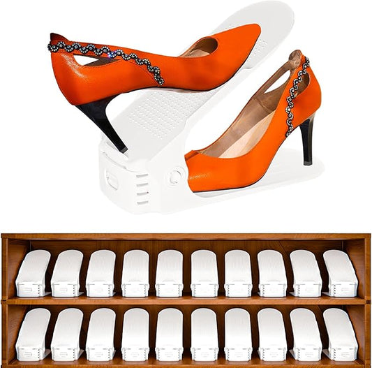 Shoe Slots Organizer, 20PCS Adjustable Double Layer Stack Shoe Rack, 50% Space-Saving Storage Rack Holder, White