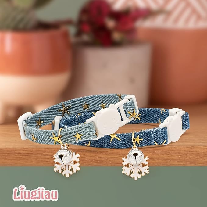 2 Pack Cotton Breakaway Cat Collar with Bell Dark Blue & Light Blue White Snowflake Pendant Cute Kitten Cat Collar Suitable for Girls and Boys