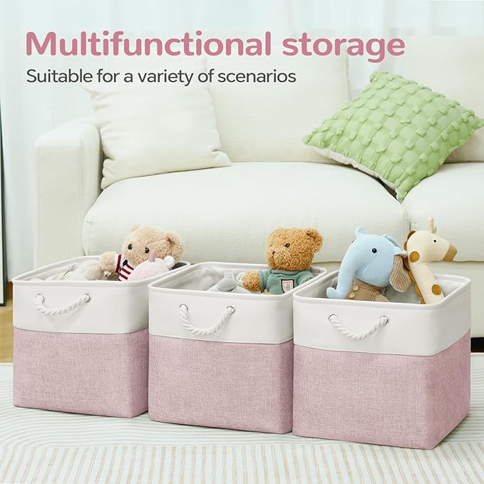 13 x 13 Inch Cube Storage Bins, 6 Pack Fabric Storage Basket with Handles, Foldable Boxes Organizer for Shelf Baskets for Home, Clothes, Toys (White/Pink)