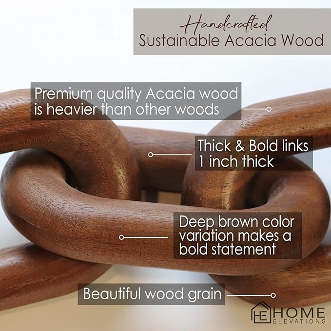 Acacia Wood Chain Link Decor- Brown with Subtle Red Undertone Decorative Chain Links for Coffee Table, Book Shelves, & Racks - Modern Rustic Home Decor Gift Ideas for Housewarming & Wedding