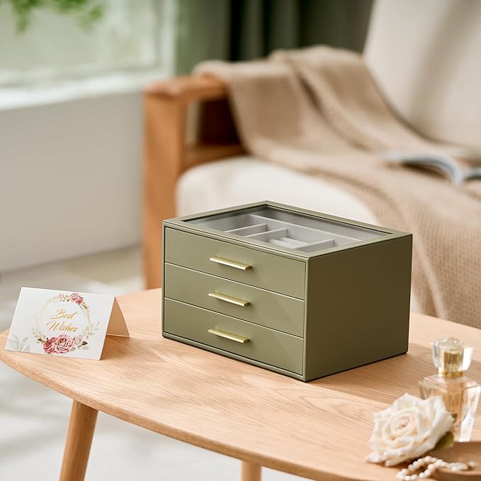 Jewelry Box Organizer Case for Women: 3-Layer Jewelry Storage Case with Glass Window, Olive Green Leather with Cream Velvet, Holder for Ring Necklace Bracelet Brooch Watch, Great Gift for Her