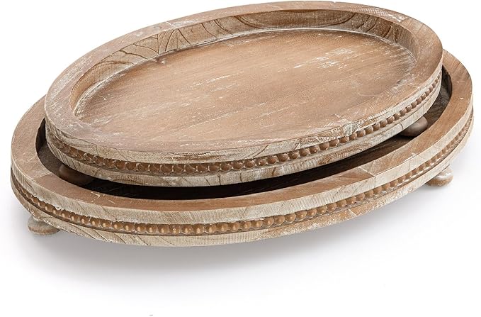 2 Piece Oval Torched Wooden Serving Tray Set with Beaded Design, Centerpiece Table Decorations Tray for Living Room Ottoman, Coffee Table Tray for Farmhouse Home Decor