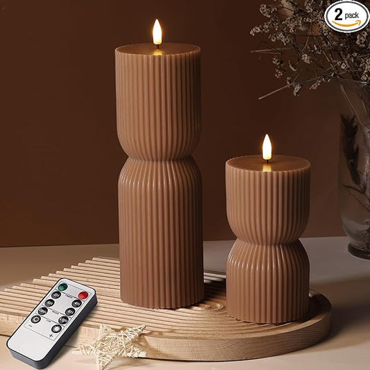 Brown Ribbed Flameless Pillar Candles with Remote, Real Wax Flickering Battery LED Candles Christmas Decor Gift Set of 2