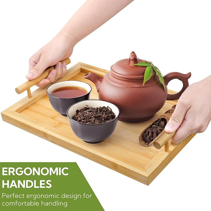 2 Pack Bamboo Serving Tray with Handles, Decorative Rectangular Food Platter, Wooden Potable Bed Tray for Entertaining, Kitchen Counter, Party Display, Living Room, Breakfast Dinner Eating