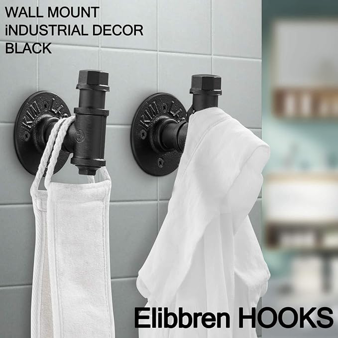 Elibbren 2 Pack Vintage Bathroom Robe and Towel Wall Hooks for Hanging, Rustic Style Industrial Iron Pipe Coat Hook Wall Mounted Heavy Duty Farmhouse DIY, Mounting Hardware Included