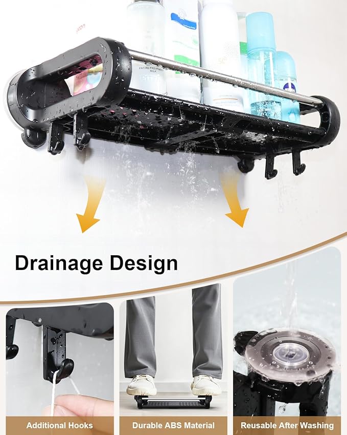 JOTPE Suction Cup Shower Shelf, Removable Shower Caddy Suction Cup with Large Capacity, Storage Suction Powerful Max Hold 22lbs, No Drilling Shelves for Bathroom Storage & Home Decor, Black