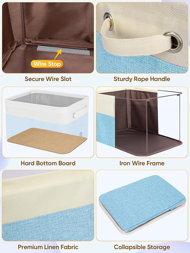 BALEINE 4 Pack Fabric Storage Bins for Shelves, Linen Storage Baskets for Organizing, Decorative Closet Bins for Clothes, Home (Skyblue, 17''x13''x10.5'')