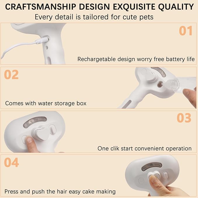 Pet Steam Brush for Shedding– 4-in-1 De-Shedding, Steam Spray, and Self-Cleaning Grooming Tool – Ideal for Long and Short-Haired Pets– Includes 2 Bottles of 120 mL Waterless Shampoo(White)