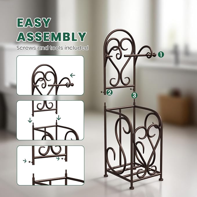 Toilet Paper Holder Free Standing with Storage for Mega Rolls, Scroll Bathroom Tissue Holder Stand, Metal, Bronze