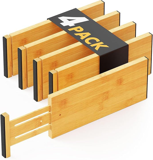SpaceAid Bamboo 4 Pack Dresser Drawer Dividers, 4.65“ High Adjustable 12.5“-17” Drawer Organizers, Expandable Organization for Clothing, Clothes, Dressers, Natural