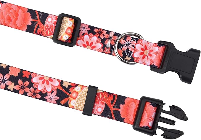 Dog Collar with Bohemia Floral Tribal Geometric Patterns - Soft Ethnic Style Collar Adjustable for Small Medium Large Dogs(Red Flower A,M)