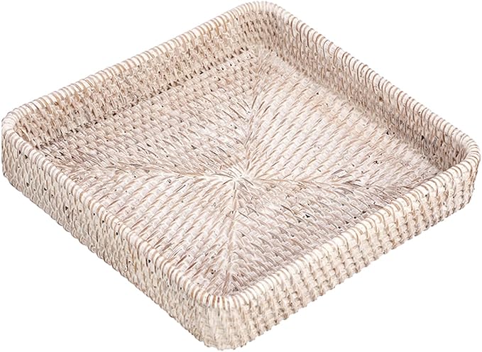 Hipiwe Key Basket for Entryway Table Handwoven Wicker Fruit Tray for Organizing Decor Rattan Serving Tray for Kitchen Living Room Bathroom, Whitewash