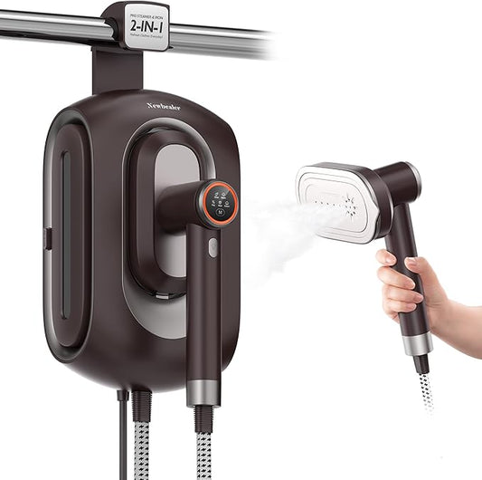 Newbealer 2In1 Pro Steam Station Iron, 1550W Turbo 3-level Steam & 3 Dry Heat Modes for Clothes, 30s Heat Up, 1.2L Tank, Auto-Off, Self Cleaning, Innovative Storage for Home & Hotel (Brown)