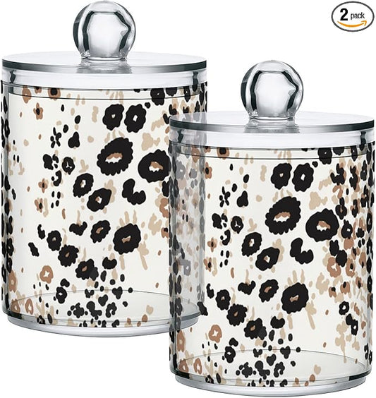 2 Pack Qtip Holder Dispenser for Cotton Ball Brown Floral Leopard Print Cotton Swab Round Pads Clear Plastic Acrylic Jar Set Bathroom Canister