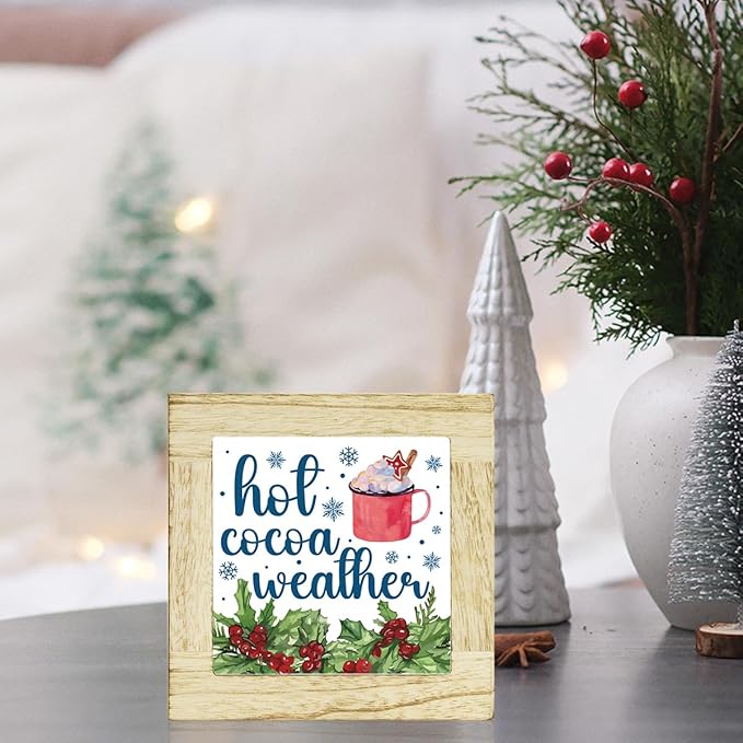 Winter Hot Cocoa Bar Sign Winter Christmas Kitchen Decor for Home Table Christmas Hot Cocoa Bar Decorations for Desk 6 x 6 inches