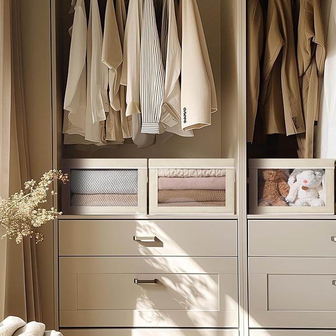 Storage Bins with Lids - Fabric Closet Storage Bins with Window, Collapsible Baskets for Shelves 4 Pack, Home Decorative Boxes for Clothes, Closet, Office, Beige