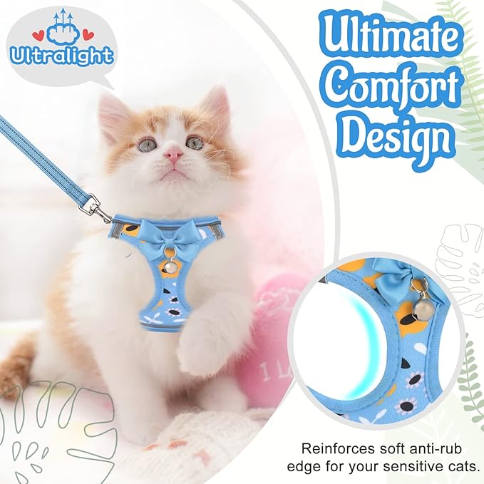 Cat Harness and Leash Escape Proof for Walking, Adjustable Soft Kitten Harness with Reflective Straps Step in Cat Vest Harness for Small Kitten and XS Dogs (Blue, S-Chest(11.8"-13.7"))