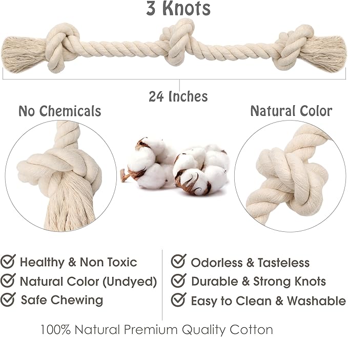 Barida Natural White Cotton Tough Dog Rope Toy for Medium & Large Dogs. Non Toxic and Premium Rope Toys for Dogs.