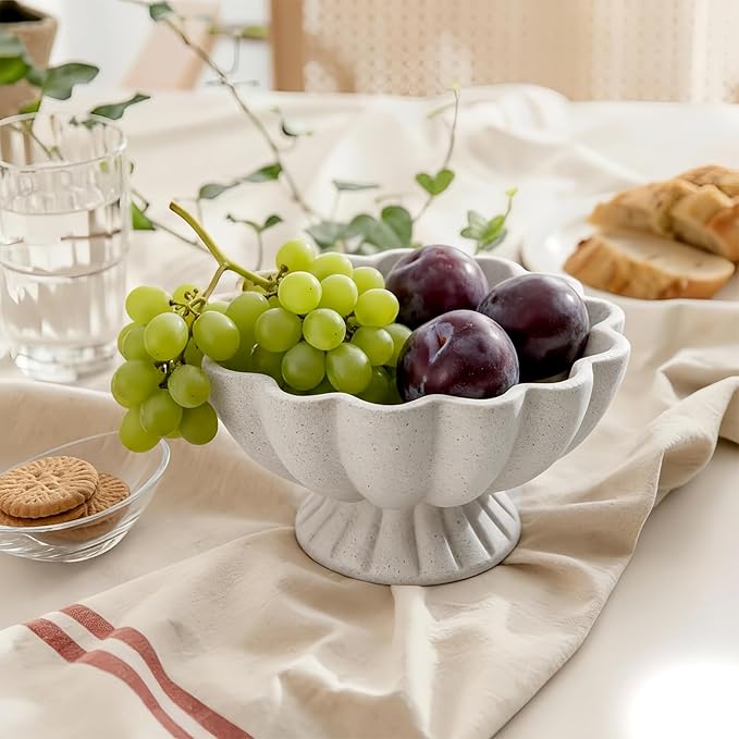 Pedestal Decorative Bowl Home Decor - Morden Resin Handmade Decorative Fruit Bowl for Kitchen Counter, Chic Ruffle Bowl Centerpiece Decor for Dining Table Coffee Table (Spotted White)