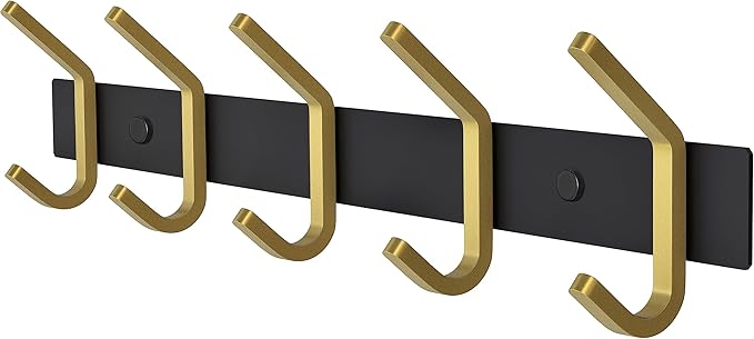 Coat Rack Wall Mount – Black and Gold Hook Rail with 5 Double Coat Hooks, 15 Inch Stainless Steel Wall Hooks for Entryway, Bathroom, Bedroom, Closet, Towel, Hat, Bag, Heavy Duty Organizer