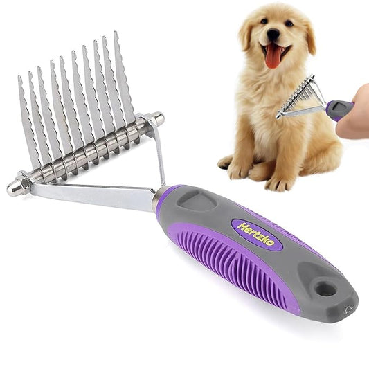 Hertzko Grooming Dematting Comb for Dogs and Cats - Stainless Steel Undercoat Rake for Shedding and Tangled Fur - Ergonomic Handle - Grooming Tool for All Coat Types