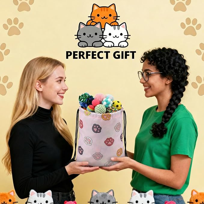 Leitee 100 Pcs Cat Toy Balls Bulk with 1 Cat Paw Gift Storage Bags Set - Variety Interactive Kitten Toys Bundle with Crinkle Ball, Balls, Bells for Kittens and Indoor Cats Chase Pounce Rattle Play
