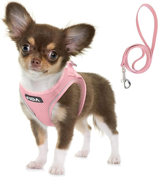 Fida Comfy Dog Harness with Leash, Soft Puppy Vest Escape Proof, Breathable Lightweight Soft Mesh, Adjustable Reflective Step-in Harness for Extra-Small Dogs (XS, Pink)