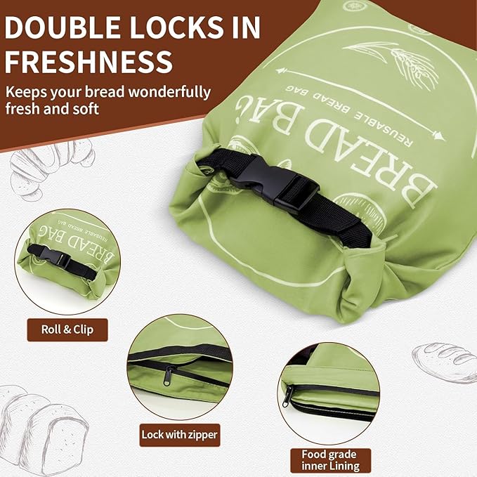 Bread Bags for Homemade with Beeswax Wrap - Zipper Reusable Bread Bag for Sourdough 2-Pack, Reusable Food Storage Bag to Keep Sourdough Fresh, Freezer-Safe, Eco-Friendly (Khai& Green)