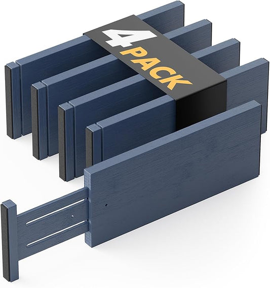 SpaceAid Bamboo 4 Pack Dresser Drawer Dividers, 4.65“ High Adjustable 12.5“-17” Drawer Organizers, Expandable Organization for Clothing, Clothes, Dressers, Navy Blue