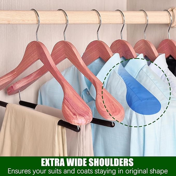 Amber Home 10 Pack American Red Cedar Wood Coat, Suit Hangers with Extra Wide Shoulder, Wooden Jacket Clothes Hanger Smooth Deluxe Aromatic Natural Cedar with Non Slip Velvet Pant Bar