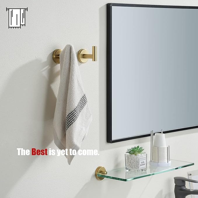 JQK Bathroom Towel Hook Brushed Gold, Brass Coat Robe Clothes Hook for Bathroom Kitchen Garage Wall Mounted (Pack of 2), SUS 304 Stainless Steel 0.8mm, TH100-BG-P2
