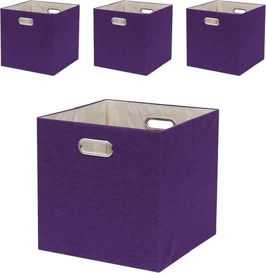 Collapsible Organization Basket Fabric Foldable Box with Handles, 11x11 Cube Storage Bins Set of 4, Thick and Heavy Duty Storage Baskets for Shelves Bedroom Livingroom,Purple
