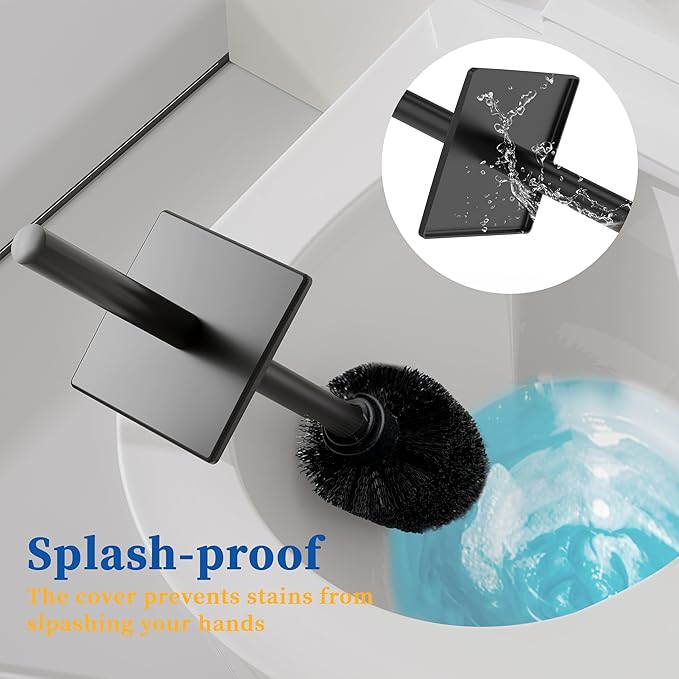 RUACQ Toilet Brush and Holder Set 2pcs,Square Toilet Bowl Brush for Bathroom with 304 Stainless Steel Handle Toilet Cleaner Brush with Durable Scrubbing Bristles,Splash-Proof (Matte Black)