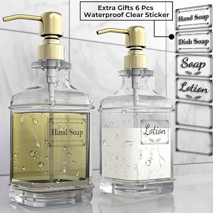 GLADPURE Soap Dispenser - 2 Pack, 18 Oz Antique Design Thick Glass Hand Soap Dispensers; with 304 Rust Proof Stainless Steel Pump, 6Pcs Clear Stickers, for Kitchen, Bathroom - Gold