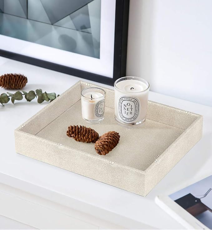 HofferRuffer Elegant Desktop Organizer, Vanity Tray, Bathroom Storage Tray Holder, Dresser Jewelry Tray, Change Coin Key Watch Catchall Tray, 10.2 x 8.4 x 1.8 inches (Light Grey Faux Leather Shagreen)